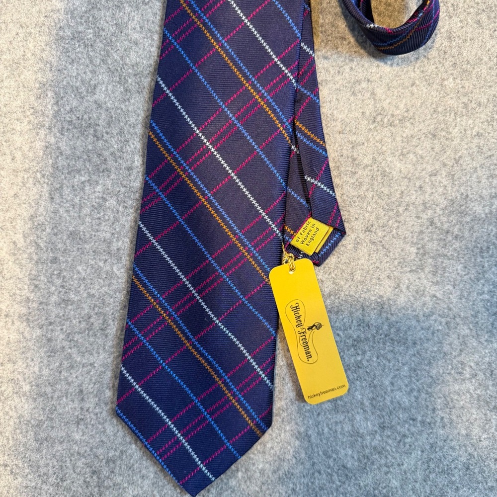 Hickey Freeman Hand Tailored Tie USA English Silk Blue Plaid New Necktie